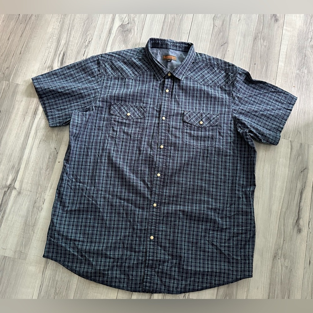 Western‎ Plaid Shirt Size XXLT Mens Blue Short Sleeve Pearl Snap Button Cowboy